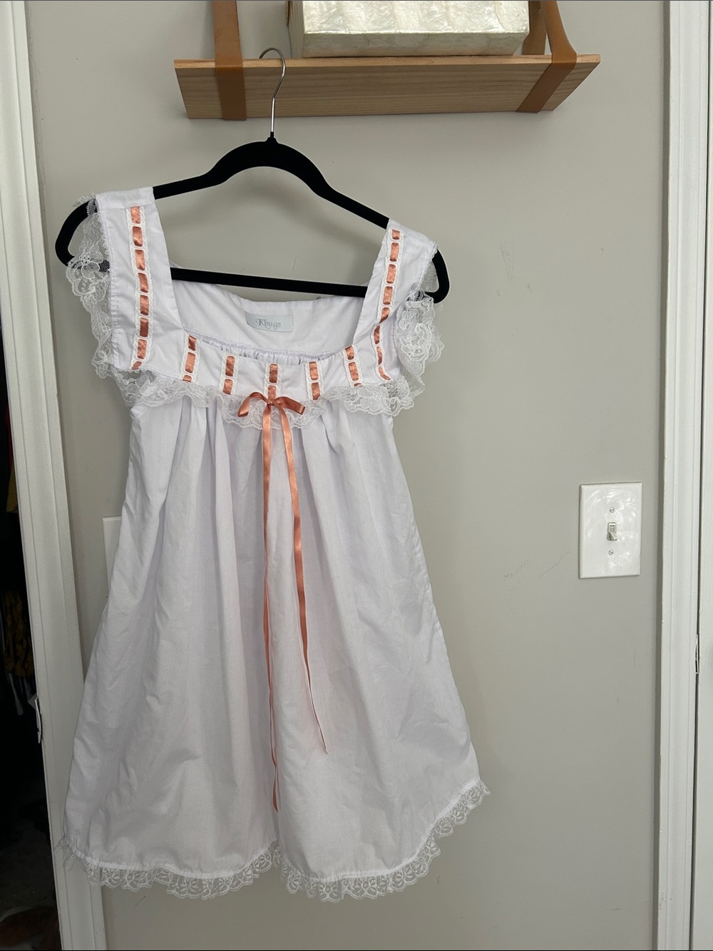 White nightgown Dress with Peach Ribbon Trim